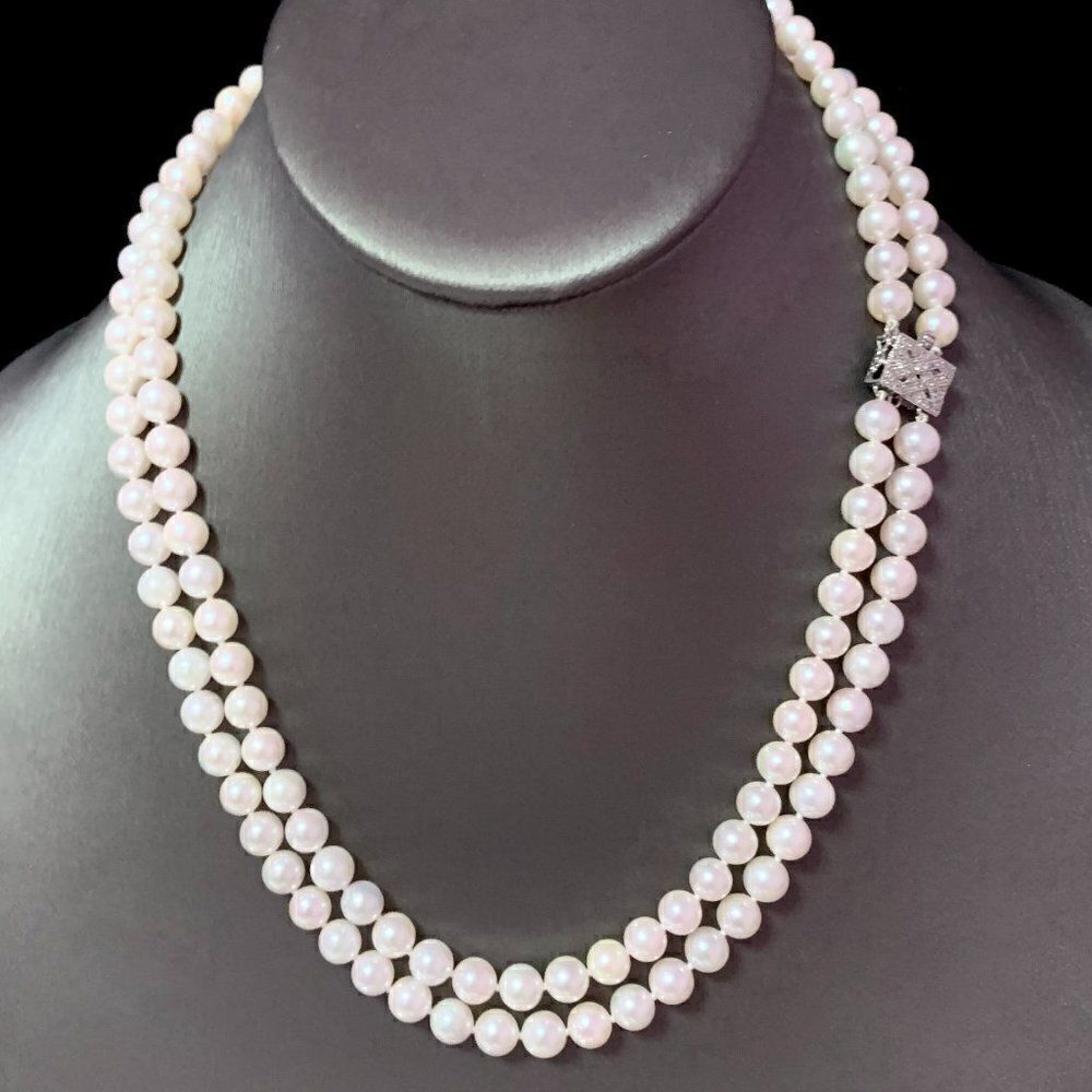 Diamond Akoya Pearl 2-Strand Necklace 17" 18k Gold 6.5mm Certified $8,750 120675